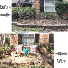 before and after pictures of landscaping in front of a house