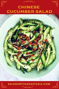 this chinese cucumber salad is loaded with green vegetables and red pepper flakes