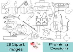 the fishing clipart is shown in black and white, with an image of different items