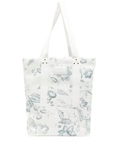 white/blue stretch-cotton all-over floral print logo patch to the front open top main compartment two long top handles Logo Floral, Logo Items, Floral Logo, Open Top, Print Logo, White Bag, Long Tops, Front Open, Stretch Cotton