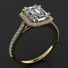 an engagement ring with a cushion cut diamond surrounded by round brilliant pave diamonds on a black background