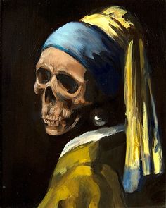 a painting of a skull wearing a yellow dress and a blue headband with a pearl