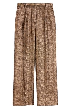 A shimmering metallic coating brings head-turning shine to these richly textured tweed pants tailored in the label's signature voluminous silhouette. 34" inseam; 24" leg opening; 13" front rise; 16" back rise (size 42fr) Zip fly with hook-and-bar closure Front slant pockets; back welt pockets 61% viscose, 39% acetate Dry clean Imported Women's Designer Clothing Elegant Metallic Pants For Work, Elegant Gold Wide-leg Pants, Metallic Pants For Workwear In Fall, Metallic Pants For Fall Workwear, Chic Shimmer Pants For Fall, Elegant Metallic Shimmer Bottoms, Elegant Metallic Shimmer Pants, Pants Tailored, Tweed Pants