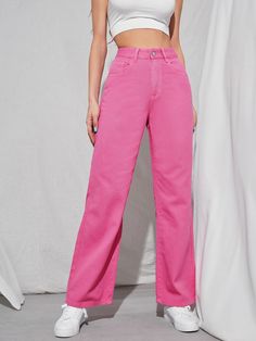 Pink Jeans Outfit, Hot Pink Jeans, Colored Jeans Outfits, Hot Pink Denim, Jean Rose, Light Pink Jeans, Neon Prom Dresses, Jeans Rosa, Adrette Outfits