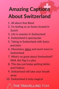 a pink poster with the words amazing captions about switzerland