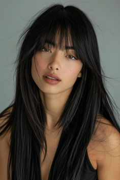 Straight hair with bangs is a sleek and modern option for hairstyles for long hair, offering a polished and sophisticated look. This style is perfect for both casual and formal occasions. The bangs frame the face beautifully, adding a touch of elegance. Straight hair with bangs works well with various hair types and can be styled in different ways, such as Ribbon Hairstyle and Cute Hairstyles Straight Hair. Click or tap to discover more straight with bangs hairstyles for long hair. Straight Hairstyles Wolfcut, Long Bangs Around The Face, Hairstyle Long With Bangs, Bangs On Straight Hair Long, Straight Black Hair With Fringe, Bangs And Straight Long Hair, Long Asian Hair With Bangs, Straight And Sleek Hairstyles, Soft Bangs Long Hair Straight