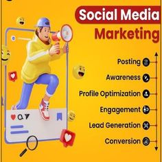 an advertisement for social media marketing with a man on top of a sign and the words'social media marketing'above it