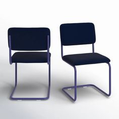 two blue chairs sitting next to each other on a white surface with one chair facing the camera