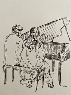 a drawing of two people sitting at a piano