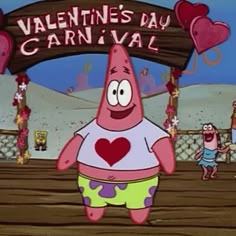 an animated cartoon character standing in front of a sign that says valentine's day carnival