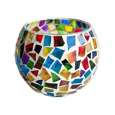 a glass bowl that is made out of multicolored tiles