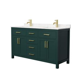 a bathroom vanity with two sinks and gold faucets on the top, against a white background