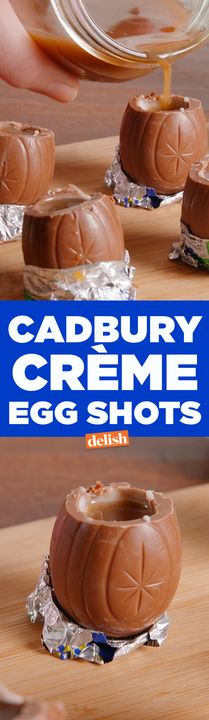 cadbury creme eggshots on a cutting board with the words cadbury creme egg shots