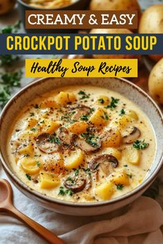 creamy and easy crockpot potato soup with healthy soup toppings in a bowl