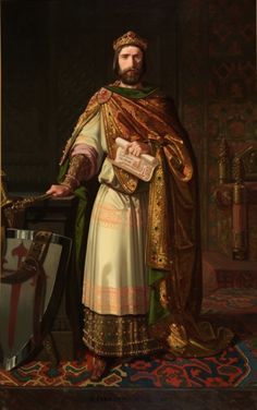 a painting of a man dressed in medieval clothing holding a shield and wearing a crown