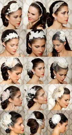 a collage of photos showing different hairstyles and hair accessories for the bride