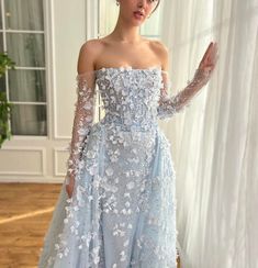 Vintage Blue Dress Aesthetic, Blue Gown Aesthetic, Celestial Ball Gown, Blue Net Dress, Ethereal Ball Gown, Blue Lace Gown, Teuta Matoshi Dresses, Matoshi Dress, Gown Aesthetic