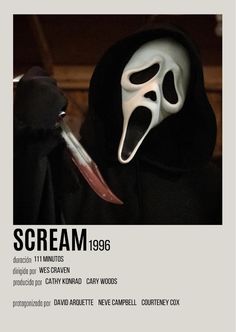 a person wearing a white mask and holding a knife in their hand with the words scream on it