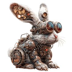 a drawing of a rabbit with steampunk gears on it's body and eyes