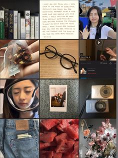 the collage shows many different things in this photo, including flowers, books, and glasses