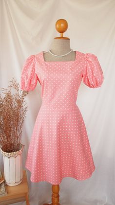 Pink A-line Puff Sleeve Dress For Summer, Cute Pink Puff Sleeve Dress For Garden Party, Pink Feminine Mini Dress For Picnic, Fitted Polka Dot Dress For Picnic, Cute Pink Puff Sleeve Dress With Square Neck, Cute Square Neck Puff Sleeve Dress For Garden Party, Cottagecore Square Neck Dress For Picnic, Pink Ruffled Mini Dress For Picnic, Cute Pink Square Neck Dress