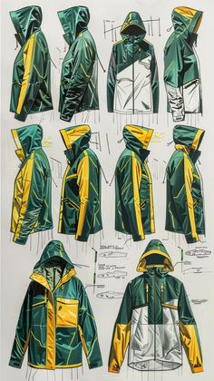 a drawing of various jackets and hoods on display in front of a white background