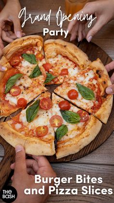 people grabbing slices from a pizza on a wooden platter with the words grand opening party