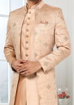 Readymade Art Silk Sherwani, and Jacket. Art Dupion Aligarhi Ready Made Trouser. Resham, Sequences, and Zari Work. Crafted in Chinese Collar Neck, and Full Sleeve. Faux Satin Lining with Plain Work. High-Quality Matching Buttons. Please Note: The footwear shown in the picture is for presentation and photography purpose only. Color: There might be slight color variation due to lightings and flashes while photo shooting. The color may also vary because of different screen resolutions. Wash Care: D Western Party Wear, Suit With Jacket, Indo Western Sherwani, Indian Groom Wear, Jacket Art, Chinese Collar, Western Party, Readymade Saree, Indian Groom