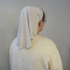 "Headcovering for Christian Women made of knit fabric.  The one-size, 3-corner scarf has self ties to tie at the back of the head.  The lightweight knit fabric allows it to stretch to the shape of the head for a snug, comfortable fit.  If The veiling slides back, you can secure it with pins or snap barrettes.  Across the top measures 31\" and the length in the center back is 16 3/4\" or 25\".  The veils in the listing pictures are all of the 16 3/4\" length.  If you prefer the 25\" length please Veiling In Christianity, Biblical Head Coverings, Head Covering Christian, Prayer Scarf, Religious Veils, Christian Head Covering, Back Of The Head, Hair Nets, Tie Scarf