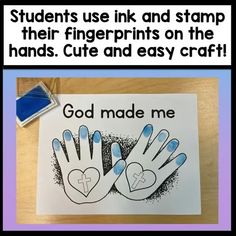 some handprints are on the table and one is blue with white lettering that says, students use ink and stamp their finger prints on the hands cute and easy crafts