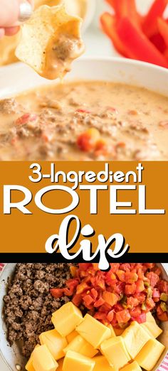 3 ingredient rotel dip recipe with cheese and other toppings in a white bowl