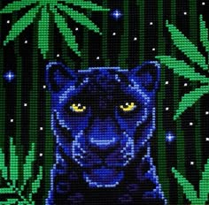 a painting of a black panther with yellow eyes and green leaves in the background,