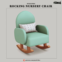 the rocking nursery chair is green and has a polka dot pillow on it's back