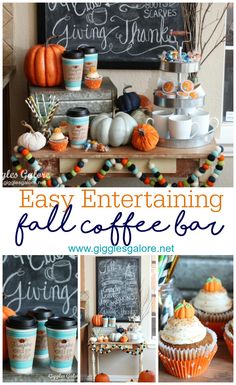 an easy entertaining fall coffee bar with pumpkins, cupcakes and other treats