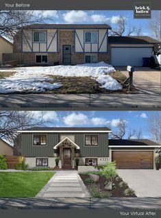 before and after photos of a house with snow on the ground in front of it