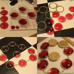 the process of making necklaces with red and black glass cabochons on gold chains