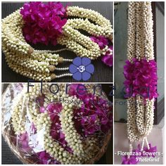 three pictures of flowers and beads hanging from the ceiling