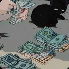 a black cat sitting on top of a pile of money next to a person's hand