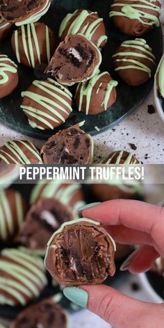 chocolate covered peppermint truffles are being held up by someone's hand