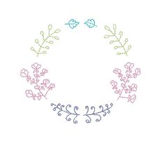 an embroidered wreath with flowers and leaves in the center on a white background is shown