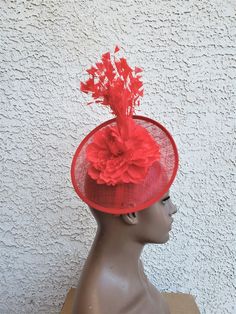 Large red sinamay fascinator with floral and feathers. Ships from Las Vegas expect 4-6 business days.. Mini Hats, Sinamay Fascinator, Feather Fascinator, Wedding Fascinators, Feather Fascinators, Henderson Nv, Red Feather, Wedding Hair Accessories, Fascinator