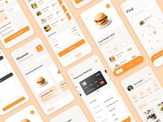 an assortment of food items displayed on the app design for burger restaurant, fast food delivery and ordering