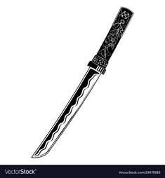 a black and white drawing of a knife with floral design on it's blade