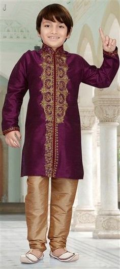 202071: Purple and Violet color Boys Kurta Pyjama in Art Dupion Silk fabric with Embroidered, Stone, Thread, Zari work Purple Long Sleeve Traditional Wear With Embroidered Border, Traditional Purple Sets With Embroidered Border, Purple Long Sleeve Sets With Self Design, Multicolor Sherwani With Intricate Embroidery For Festivals, Purple Long Sleeve Traditional Wear For Festivals, Purple Embroidered Long Sleeve Churidar, Purple Long Sleeve Traditional Wear For Transitional Season, Transitional Purple Traditional Wear With Long Sleeves, Traditional Purple Long Sleeve Sets