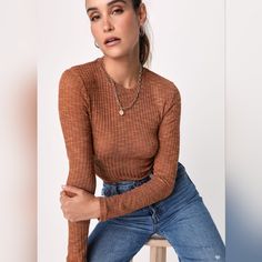 The Free People Aura Light Brown Ribbed Knit Long Sleeve Layering Top Is The Best Blend Of Stylish And Cozy, And We Are 100% Here For It! Soft And Stretchy Ribbed Knit Shapes A Classic Crew Neckline And A Fitted Bodice, Framed By Long Sleeves. This Lightweight, Semi-Sheer Top Is The Perfect Basic Top For Layering, Especially As The Season Changes! Size Large, Nwt Brown Ribbed Long Sleeve Knit Top, Casual Ribbed Brown Knit Top, Casual Brown Ribbed Knit Top, Trendy Brown Ribbed Knit Top, Trendy Soft Knit Brown Top, Trendy Brown Soft Knit Tops, Brown Pointelle Knit Long Sleeve Tops, Brown Long Sleeve Pointelle Knit Top, Brown Long Sleeve Tops With Pointelle Knit