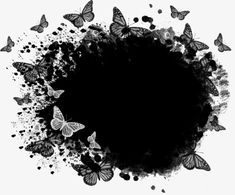 black and white butterflies flying around the center of a round hole with paint splatters