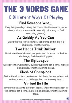 the 3 words game for kids to play in their classroom or at home with text overlay