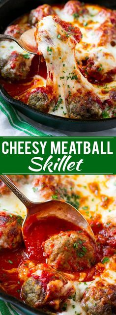 two pictures of meatball skillet with cheese being scooped from the casserole