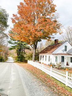 a white house sitting on the side of a road next to a tree with orange leaves