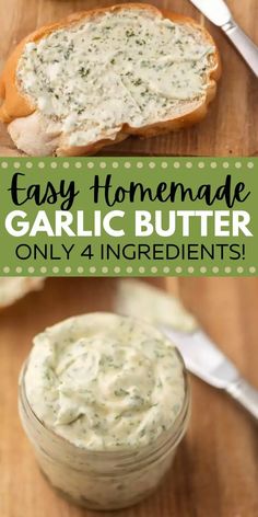 homemade garlic butter in a jar on a cutting board